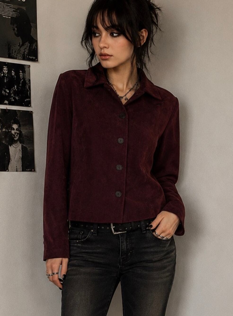 Vintage Briggs New York Burgundy Faux Suede Button Front shacket Blazer emo M